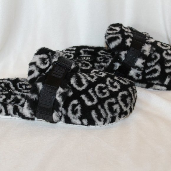 NIB UGG MEN\'S‎ FLUFF IT POP POLO FUR SLIPPERS BLACK WHITE main image 5